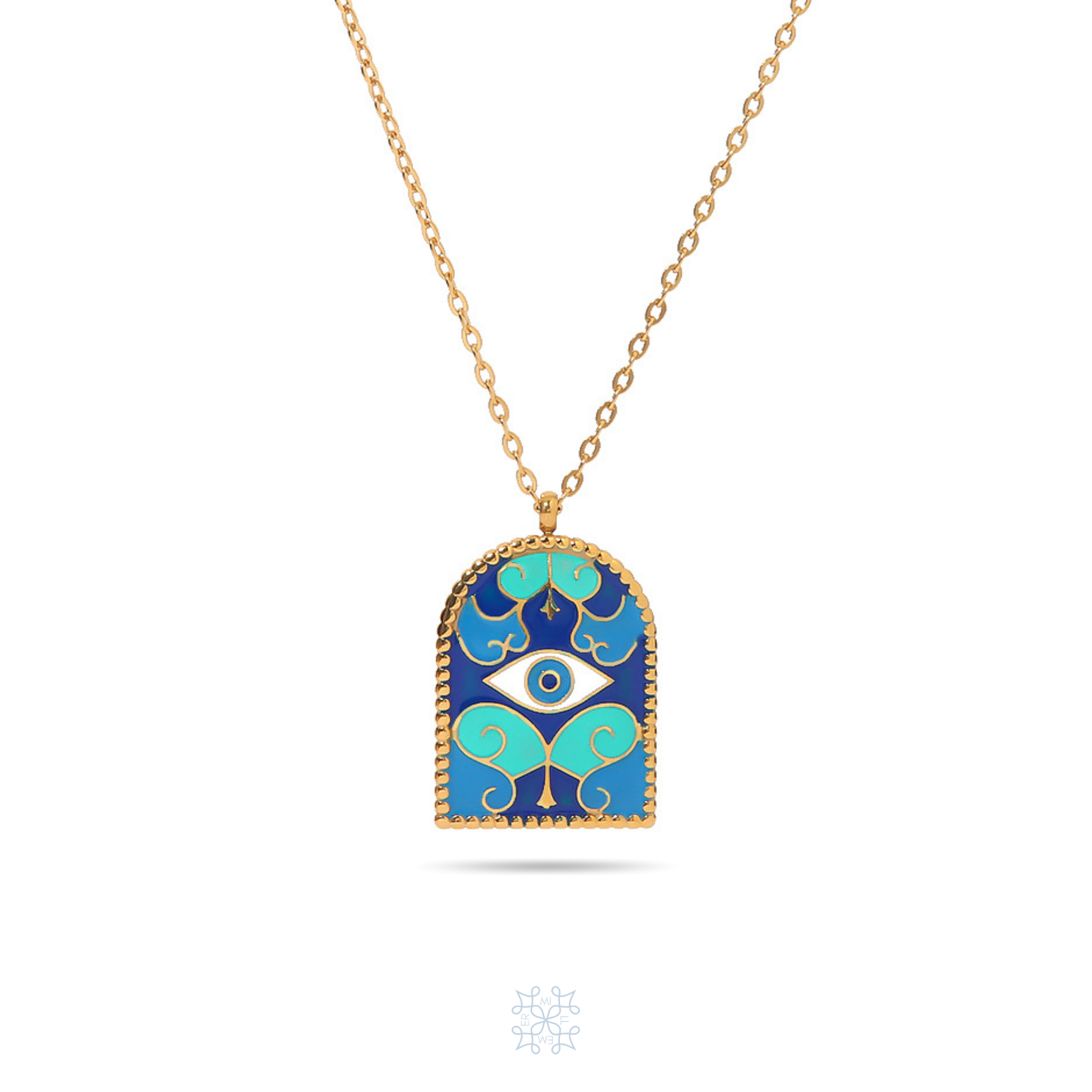 Gold plated chain necklace. Painted in blue , white and green enamel. the shapes of the enamel painting mimic the sea waves . In the middle of the pendant is painted an enamel eye. Ocean Pendant Blue Enamel Necklace.