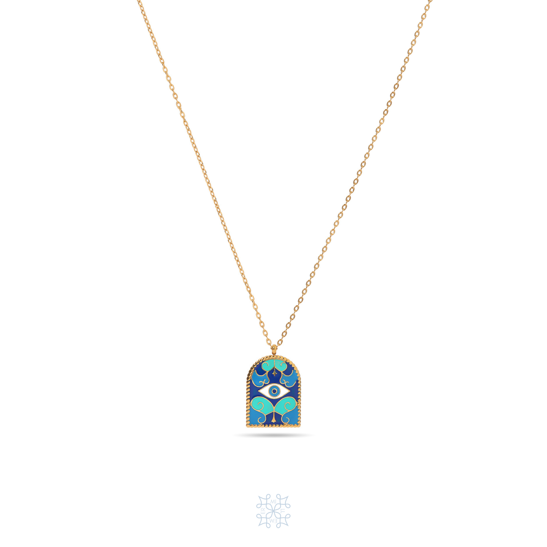 Gold plated chain necklace. Painted in blue , white and green enamel. the shapes of the enamel painting mimic the sea waves . In the middle of the pendant is painted an enamel eye. Ocean Pendant Blue Enamel Necklace.