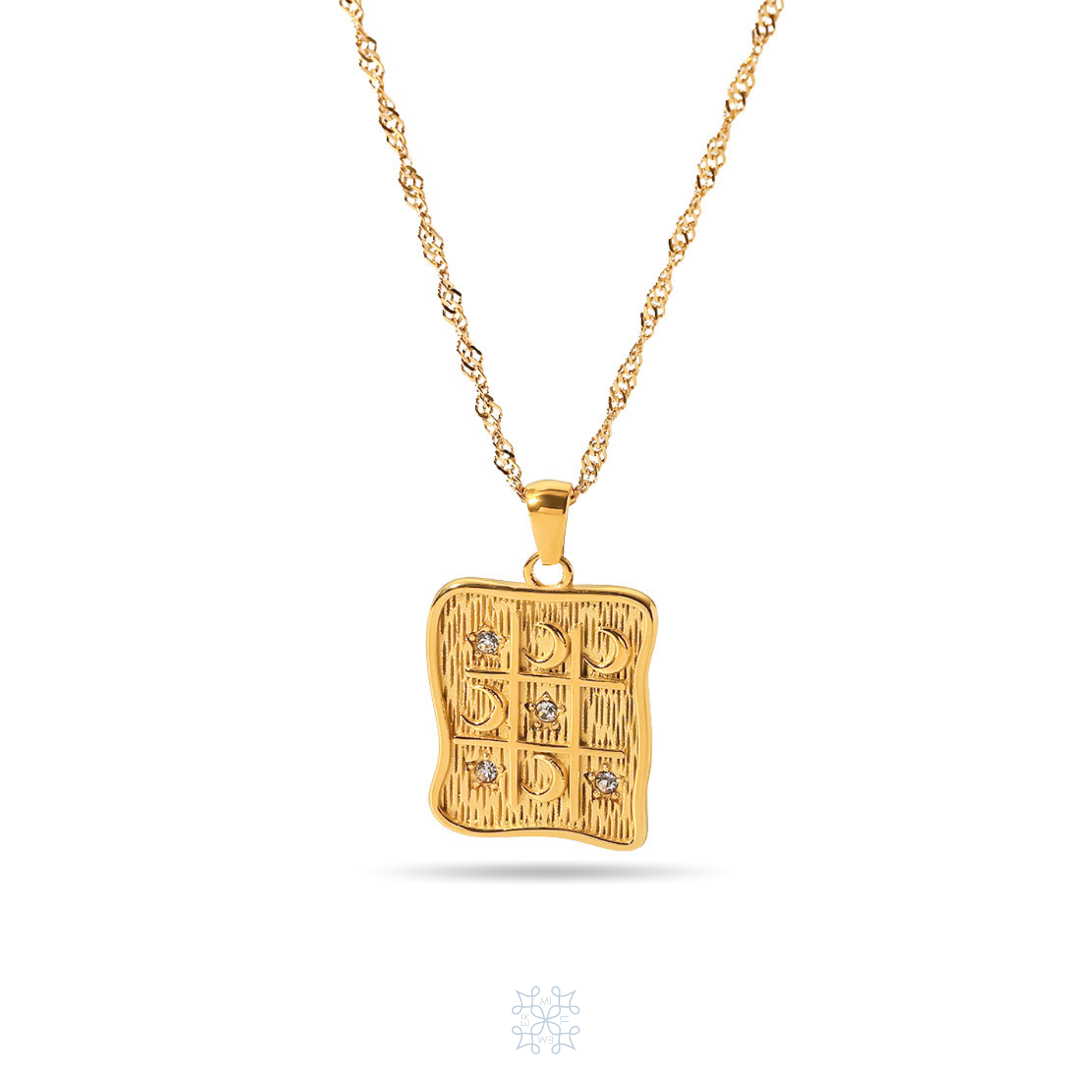 PAPIRUS Pendant Gold Necklace. Gold Papirus shaped pendant with a tris game engraved on it. The stars and the moon are engraved on every square of the papirus. On the stars are attched zircon stones.