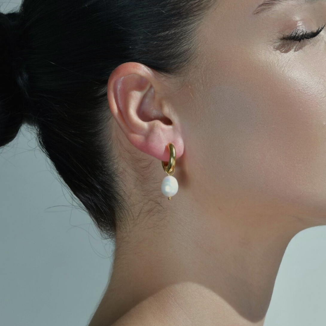GOLD plated pearl earrings. round gold hoops with detachable pearl drop.