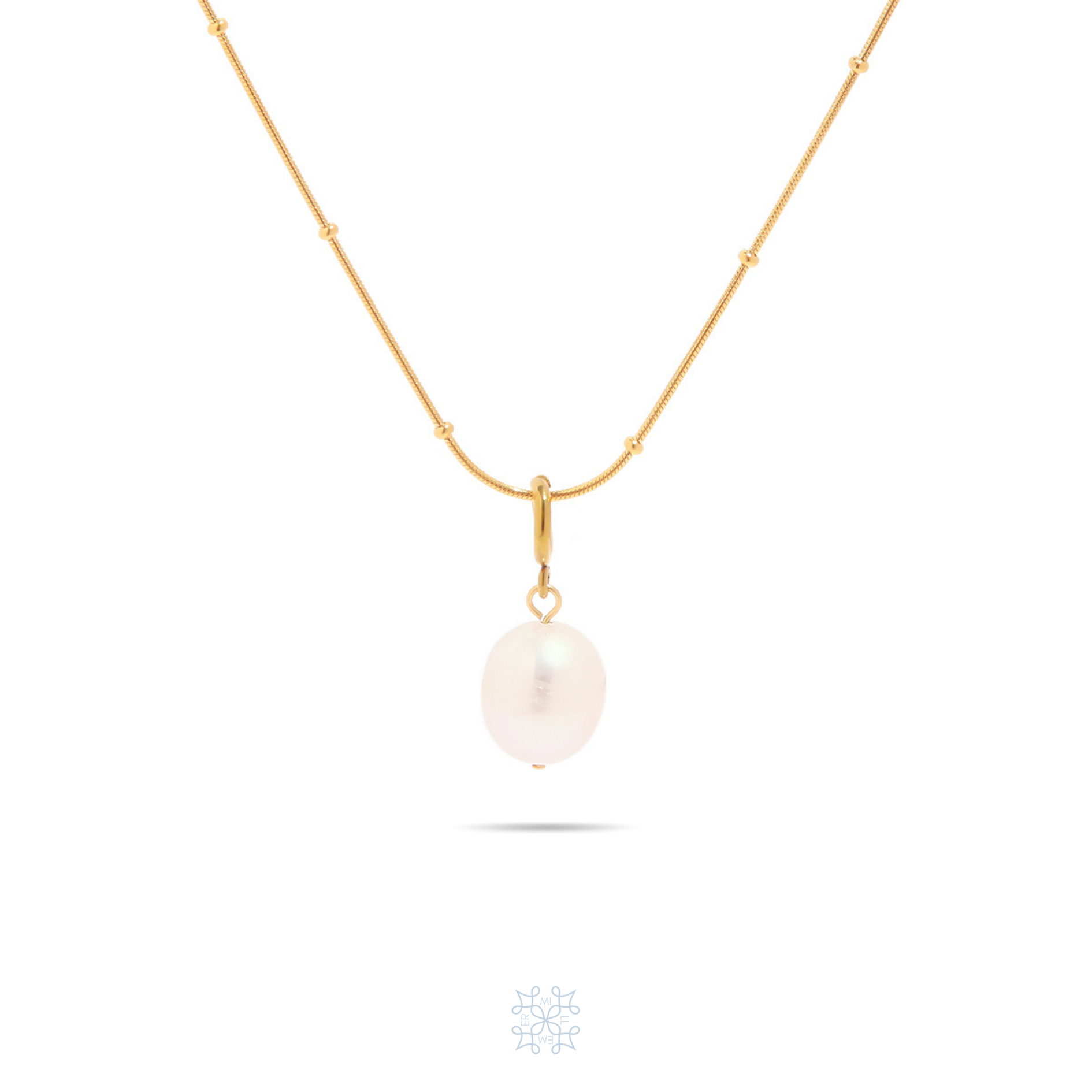 Gold chain necklace with a white pearl pendant. The chain is a dainty beaded gold waterproof chain.