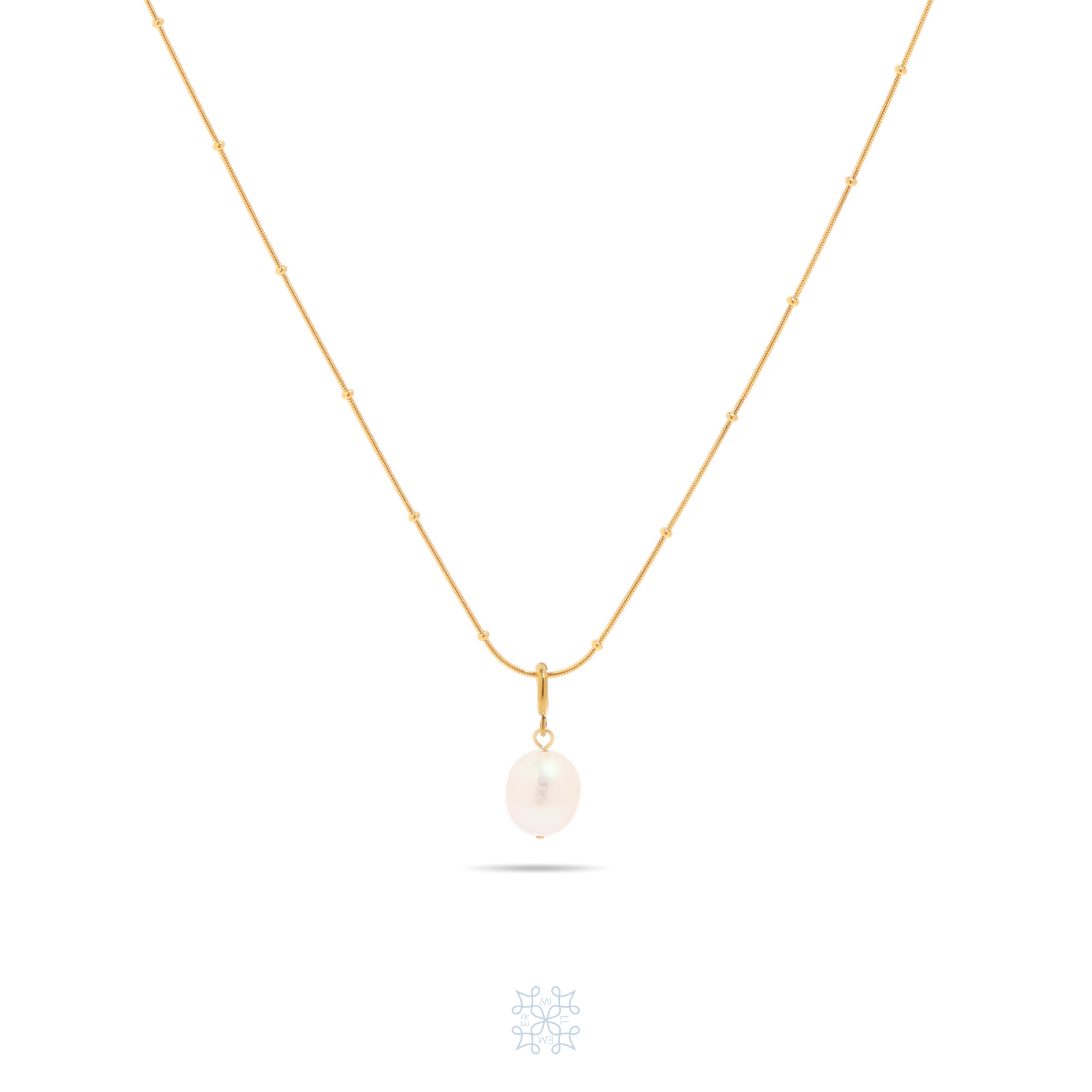 Gold chain necklace with a white pearl pendant. The chain is a dainty beaded gold waterproof chain.