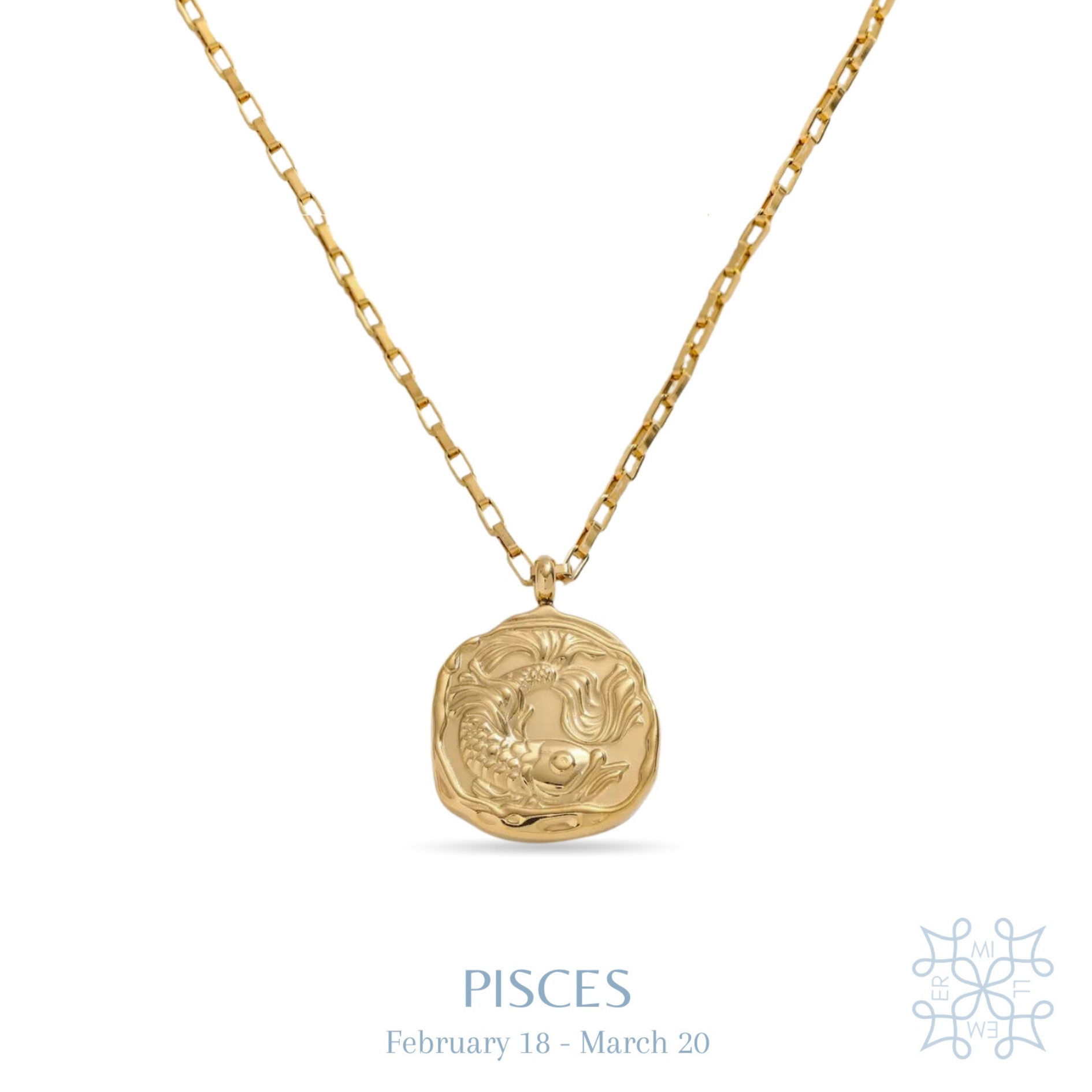 irregular shape round medallion with a khoi fish in the middle. Gold plated chain and medallion necklace. Pisces medallion gold necklace.