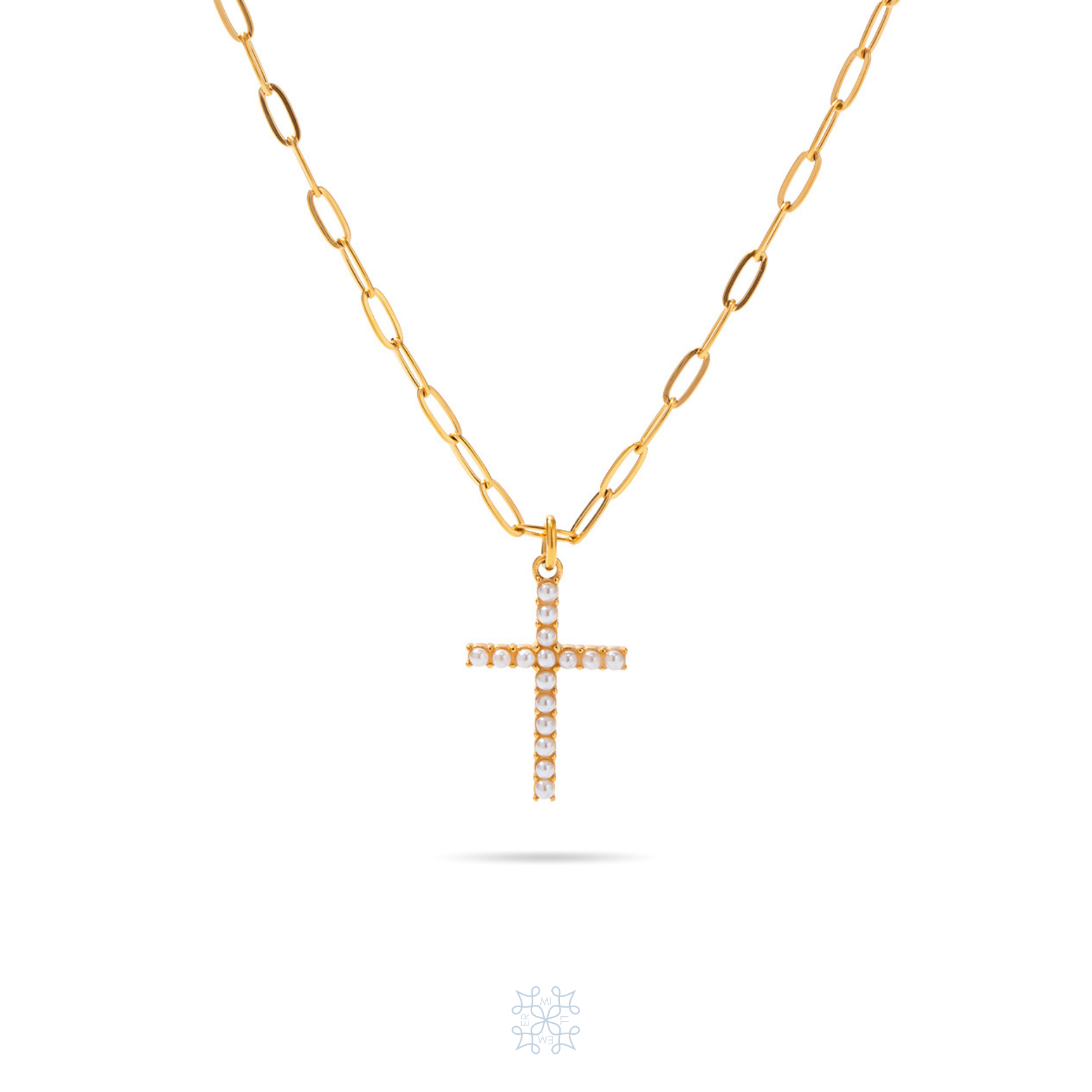 Paperclip gold chain. Gold Cross pendant with small little white pearls attached in all the surface of the cross pendant. Pray pearl cross gold necklace.