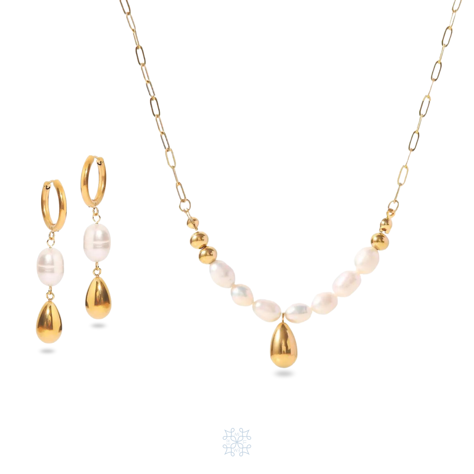 Rain Pearl Gold Set. Jewelry set with a pair of earrings and necklace. The earrings have a small huggie where a pearl drop form the gold huggies and a waterdrop shape gold metal drop from the white pearl creating a drop earrings. Similar design has the necklace. Whote pearls and a waterdrop gold metal shape pendant drop in the middle of the pearls. The pearls are attchaed with chains in both sides of the necklace.