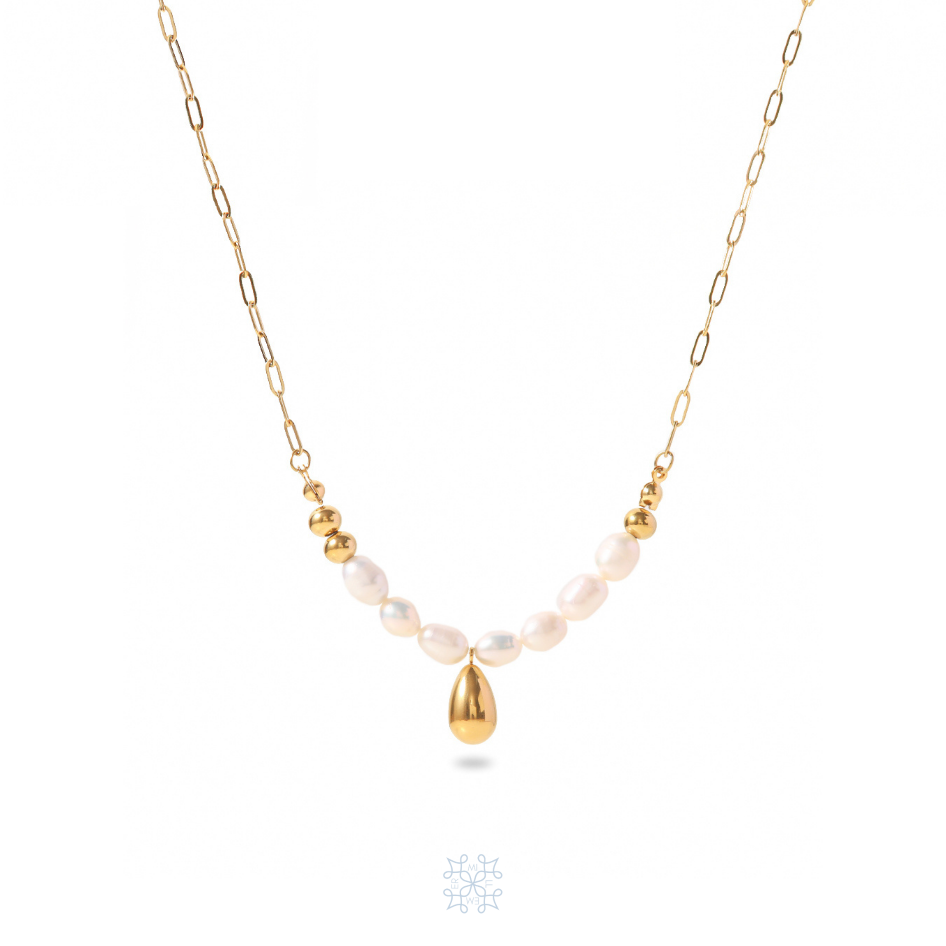 RAIN Pearls Gold Drop Necklace - Gold plated necklace.Fold Chain and White pearl and a gold plated waterdrop shape pendant in the middle of the pearls. 