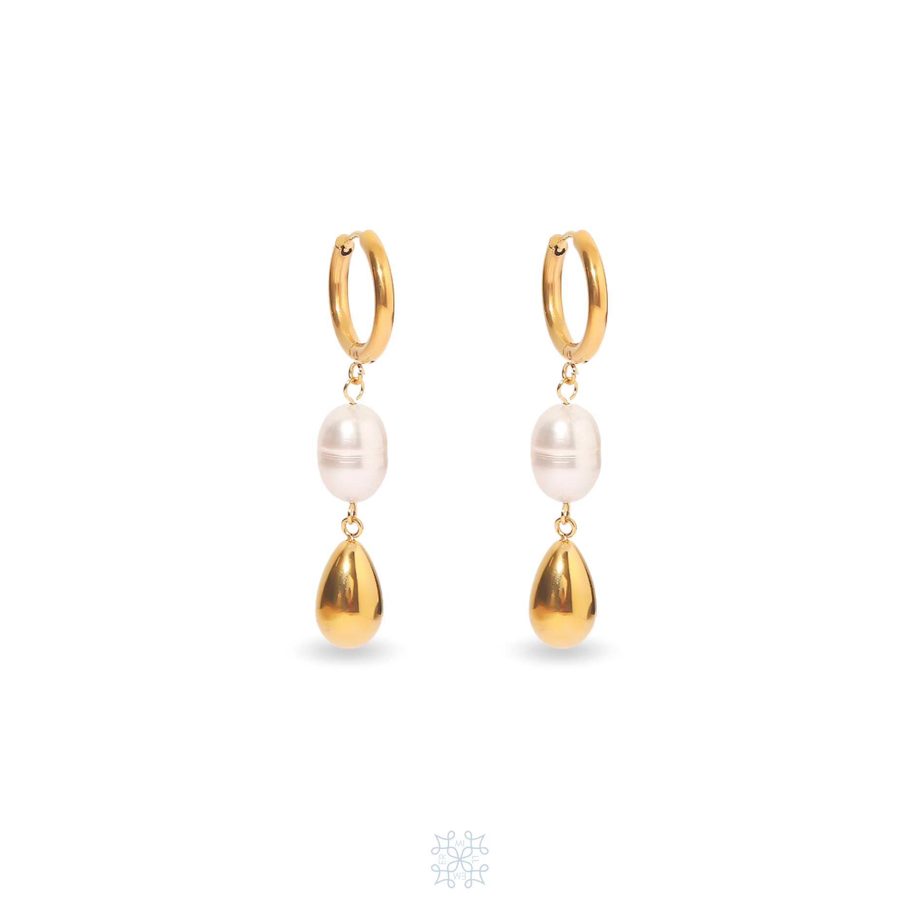 Gold Pearl Drop Earrings. Golden Drops and White Pearls attached in an elegant gold hoop. The gold drops looks like water drops shape.