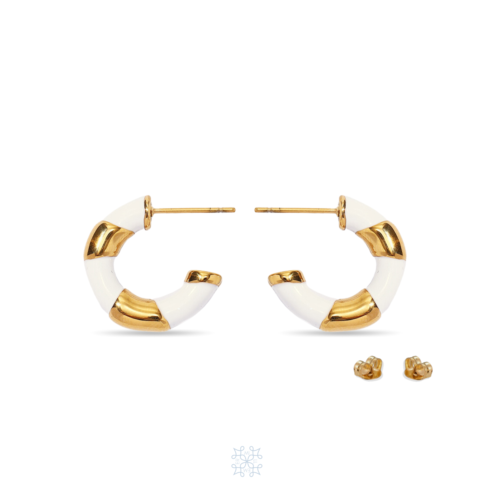 Gold hoop earrings painted with white enamel like a twisted ribbon around the gold hoop creating a two coloured hoop, white and gold hoop. RUBAN White Hoop Gold Earrings.