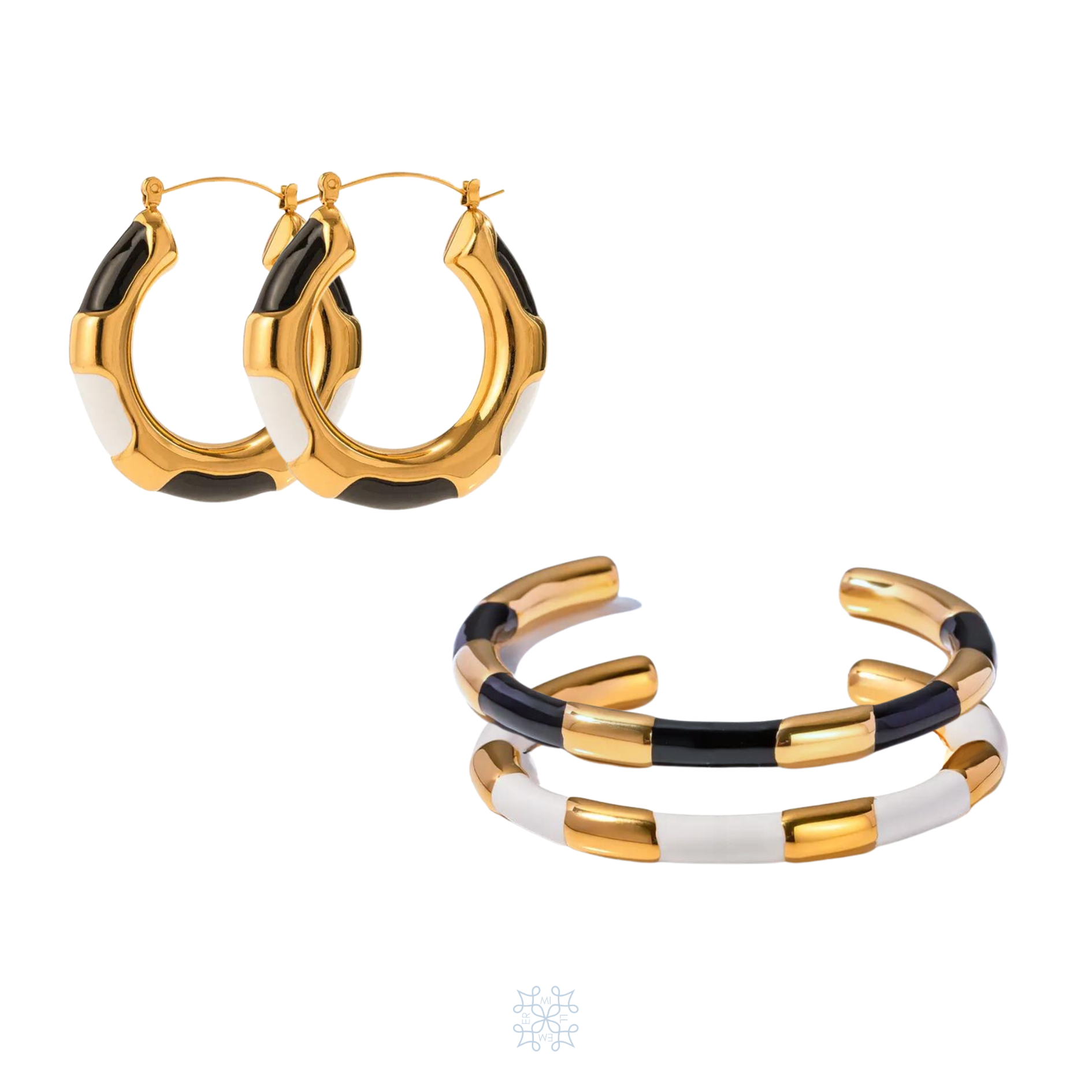 RUBAN White Black Enamel Gold Bundle Set. Jewelry set withone pair of hoop earrings and two bracelets.Bracelets painted in white and black enamel . Bangle bracelet. Gold Hoop earrings painted in white and black enamel.