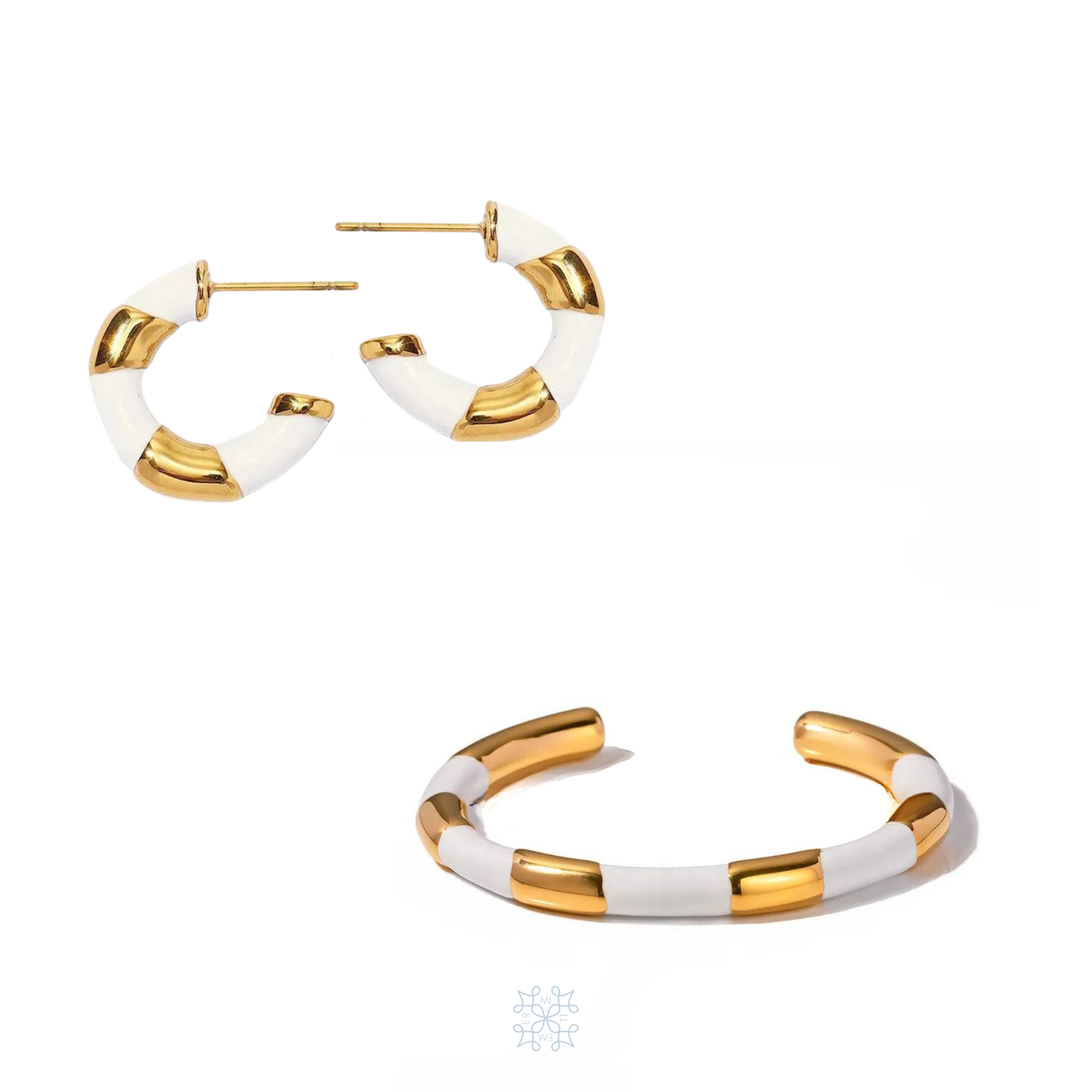 JEWELRY SET WITH PAIR OF HOOP EARRINGS AND A BANGLE BRACELET. BOTH PIECES ARE PAINTED IN WHITE ENAMEL CREATING THE SHAPE OF A RIBBON AROUND THE GOLD SURFACE.