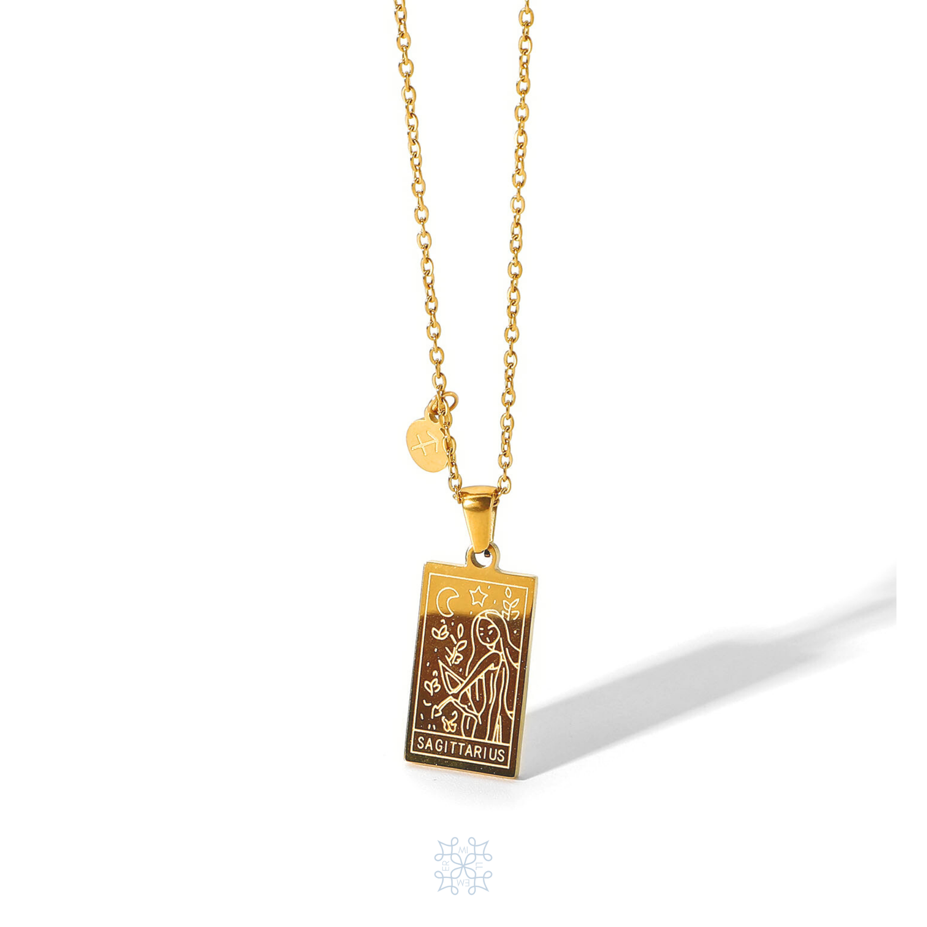 Rectangular gold pendant with Sagittarius engraved and the word Sagittarius in the bottom. Gold pendant with a chain necklace. In the side of the gold pendant is a circle small medallion with the symbol of Sagittarius engraved on it. Sagittarius zodiac pendant gold necklace.