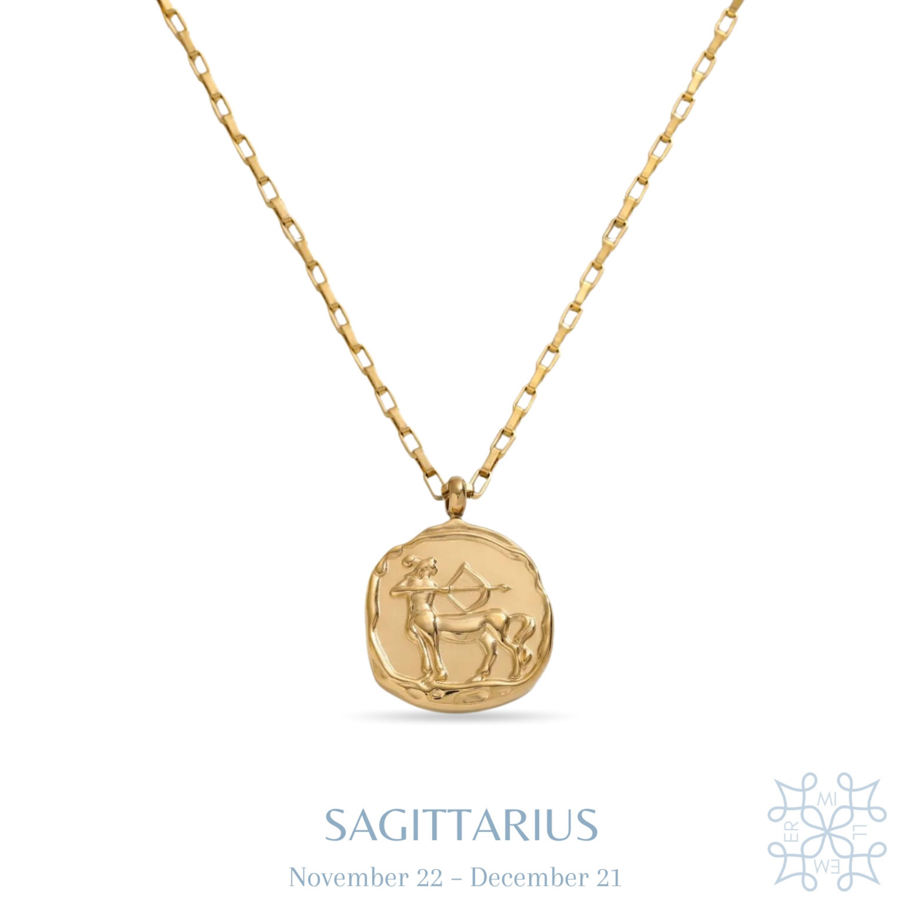 Irregular shape round medallion with Sagittarius symbol in the middle. Gold plated chain and medallion necklace. Sagittarius medallion gold necklace.