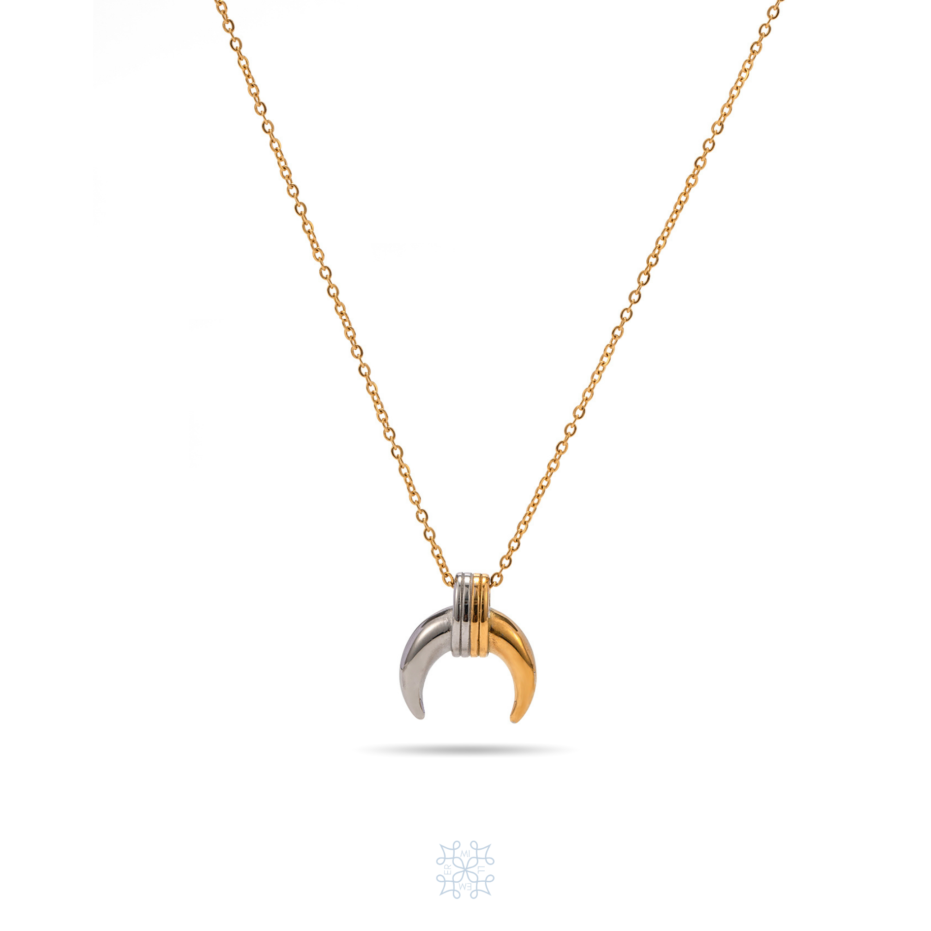 Gold chain necklace. A draper moon shape pendnat. Half of the moon is gold the other half is silver. The draper moon has the angles upside down droping from the chain to the bottom. Sailor Moon Pendant Gold Silver Necklace