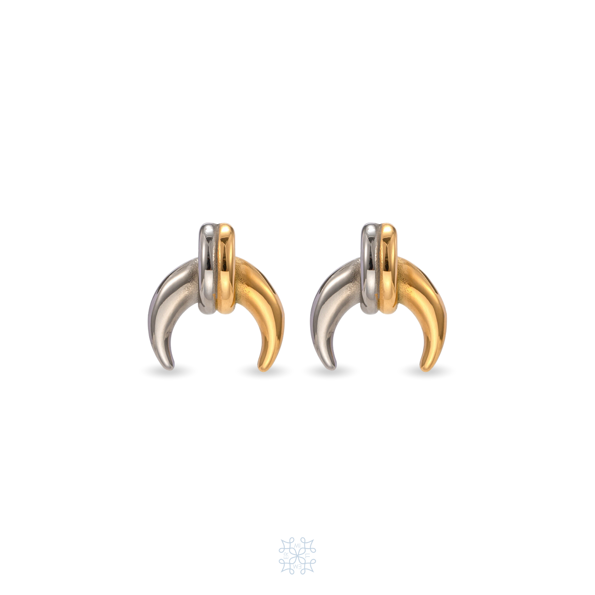 Gold and Silver mix metals draper moon shape earrings. Half of the draper  moon is silver and the other half is gold. 