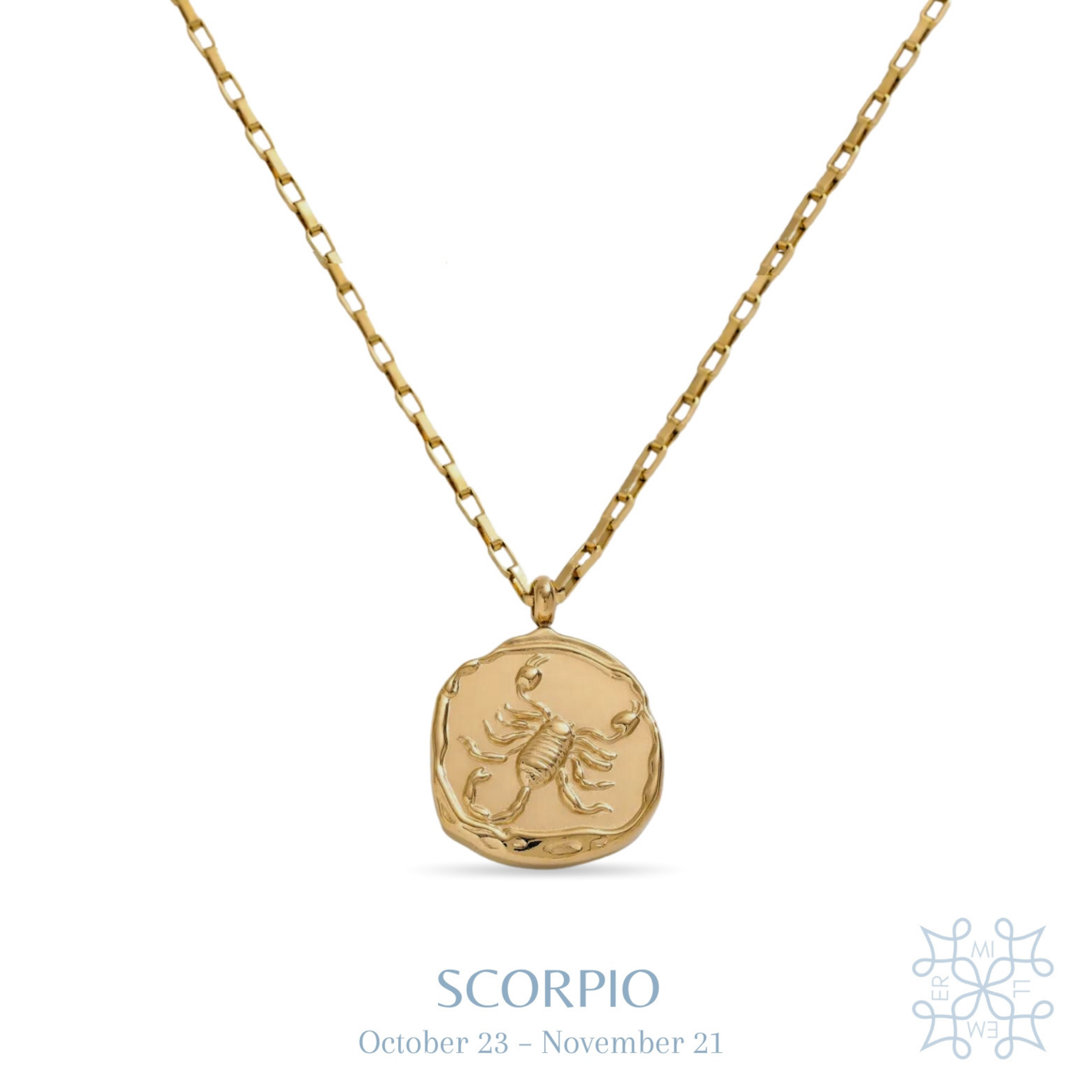 Irregular shape round medallion with Scorpio symbol in the middle. Gold plated chain and medallion necklace. Scorpio medallion gold necklace.
