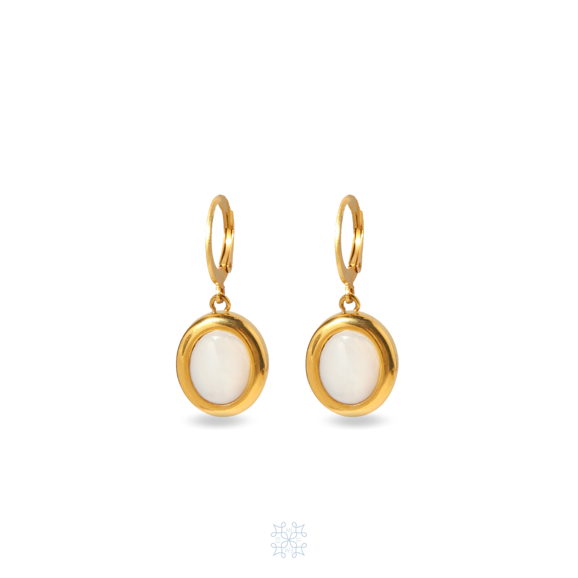 Gold hoop earrings with oval mother pearl drop.