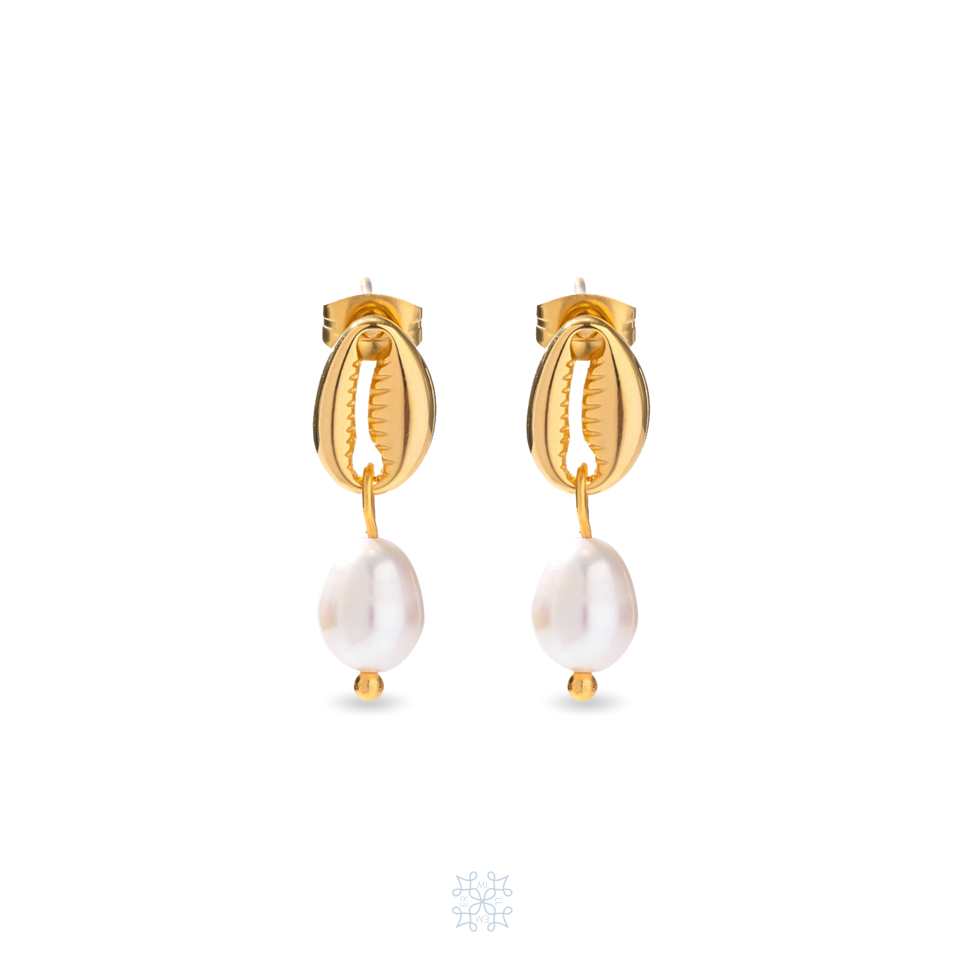 Drop Earrings with the top part is the shape of a gold shell and the drop part is a white pearl attached to the shell. Shell Pearl Gold Drop Earrings