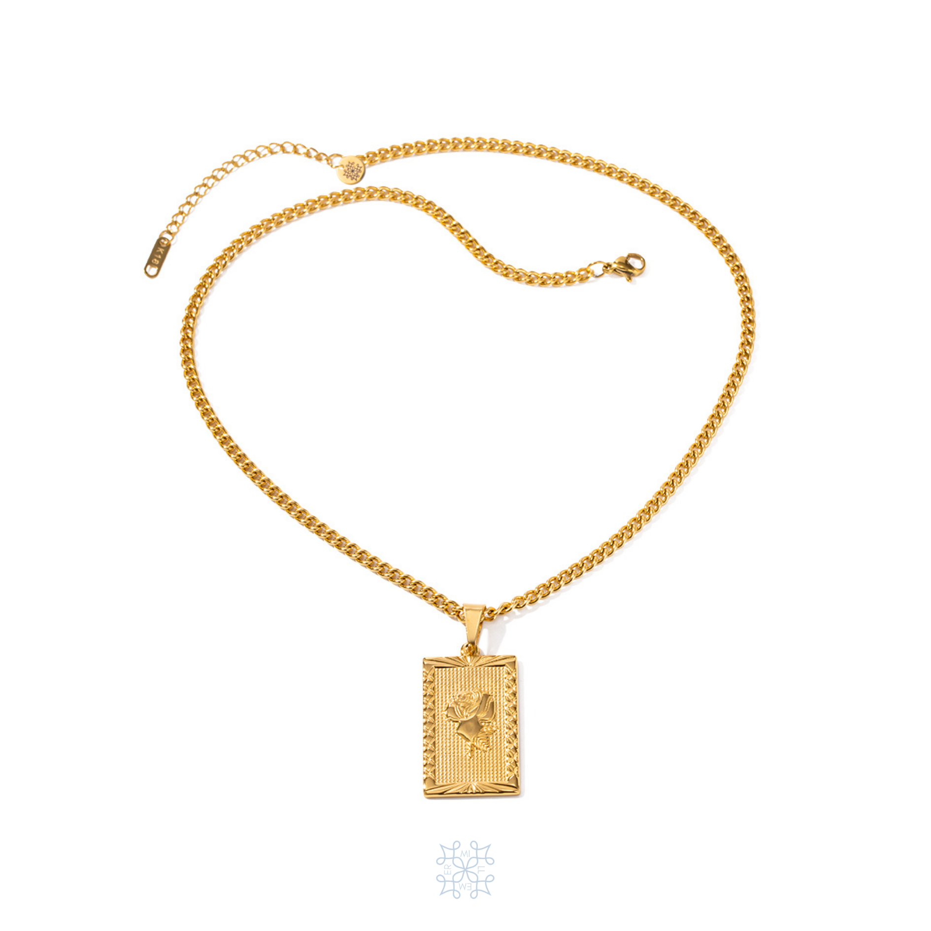 Gold chain necklace with a framed recangular shape pendant. In the center of the pendant is engraved a rose flower. 