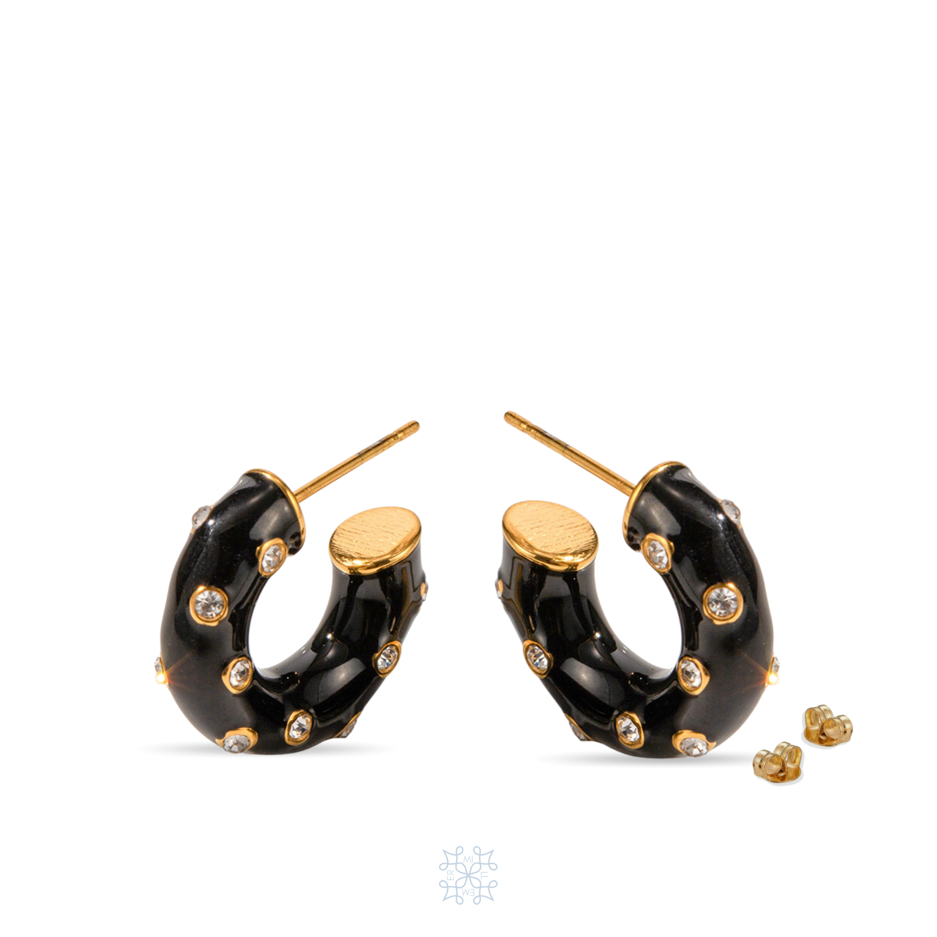 Gold plated Hoop Earrings painted with black enamel and adorned with zircons.