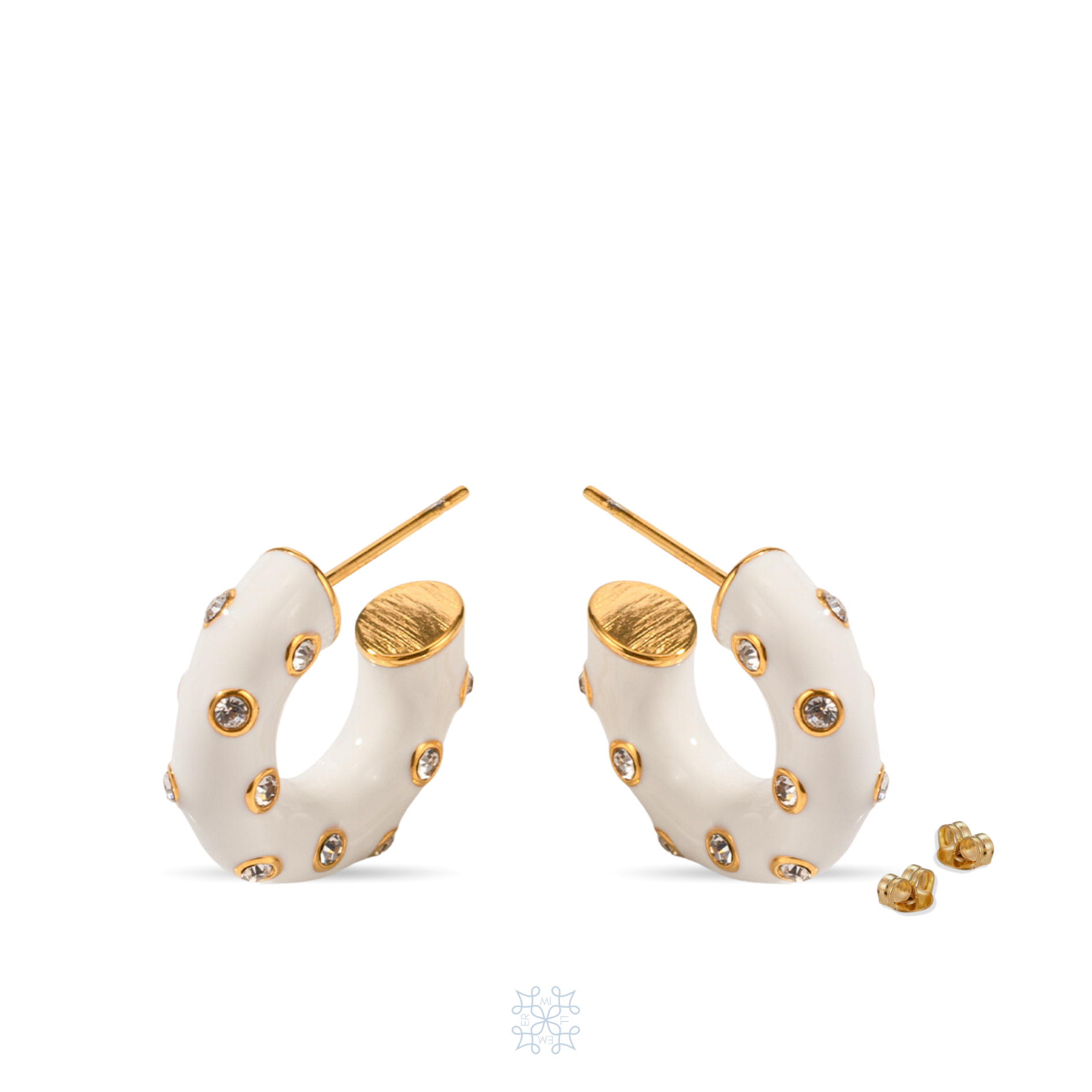 Gold Enamel Hoop Earrings painted with white enamel and adorned with zircons.