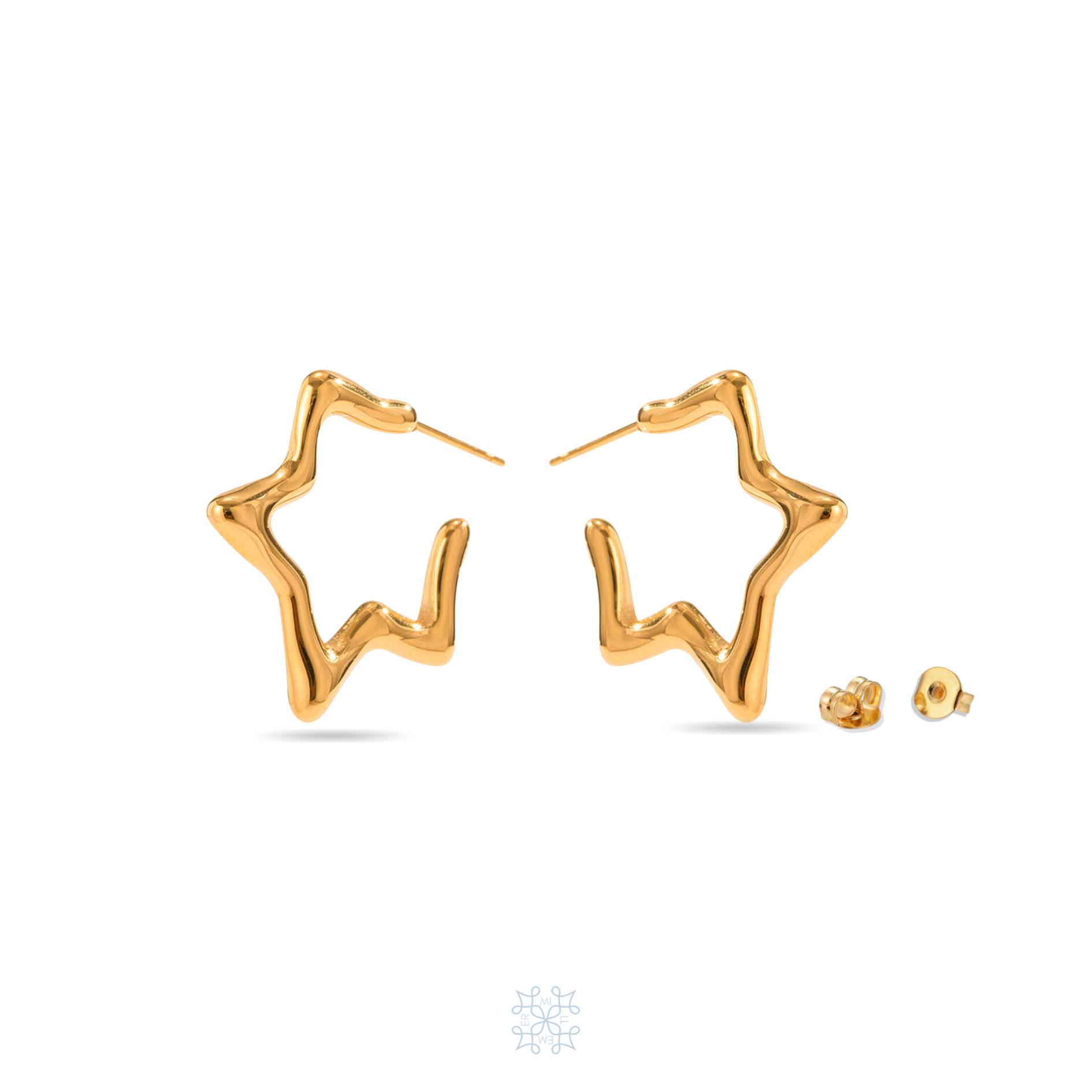 Star shaped gold hoop earrings. Irregular star shape pair of earrings.