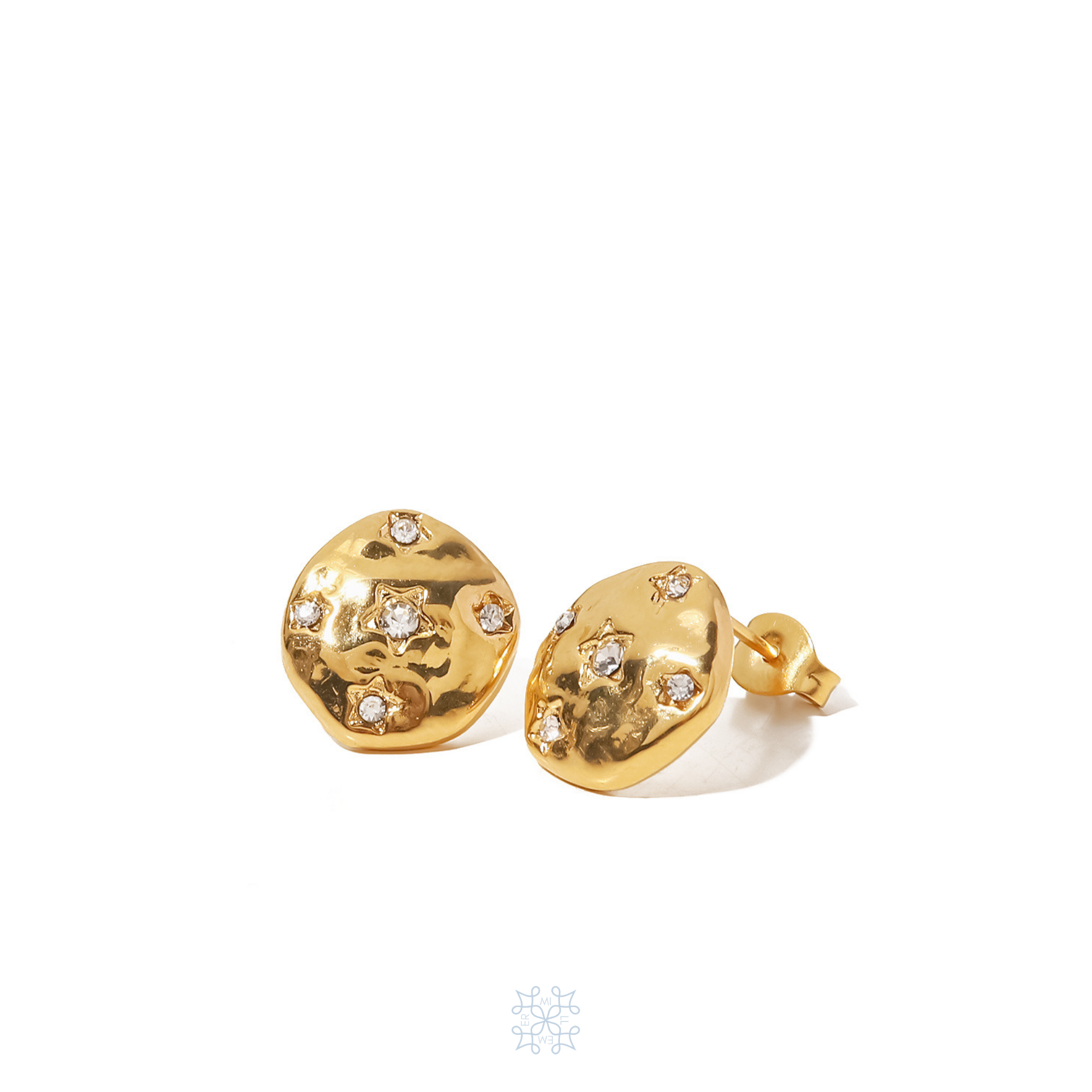 Gold Plated studs. Irregular circle shape. Irregular surface texture. Five little star engraved on it. Each star has an zircon stone in the middle. Stardust Gold Zircon Stud Earrings