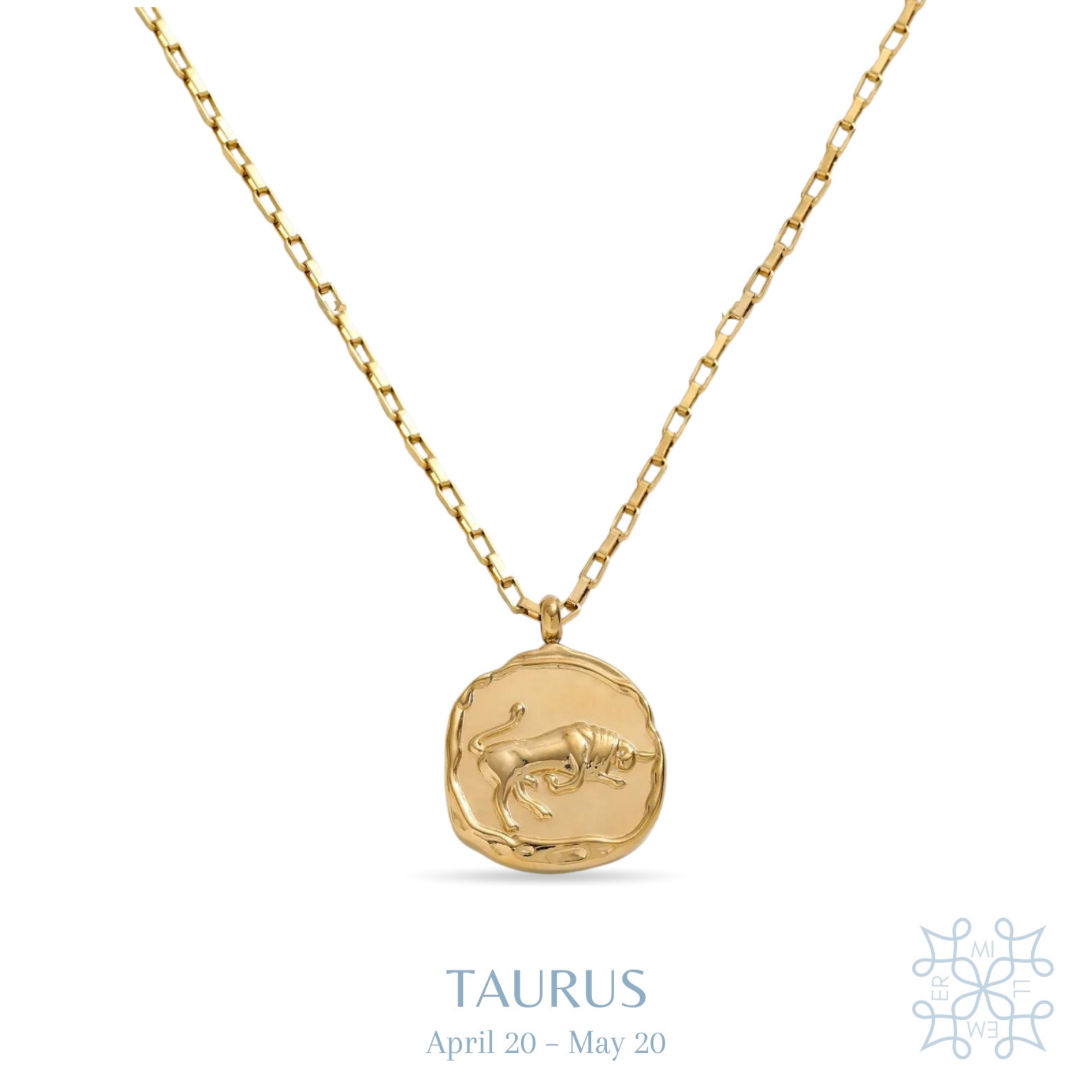 Irregular shape round medallion with Taurus symbol in the middle. Gold plated chain and medallion necklace. Taurus medallion gold necklace.
