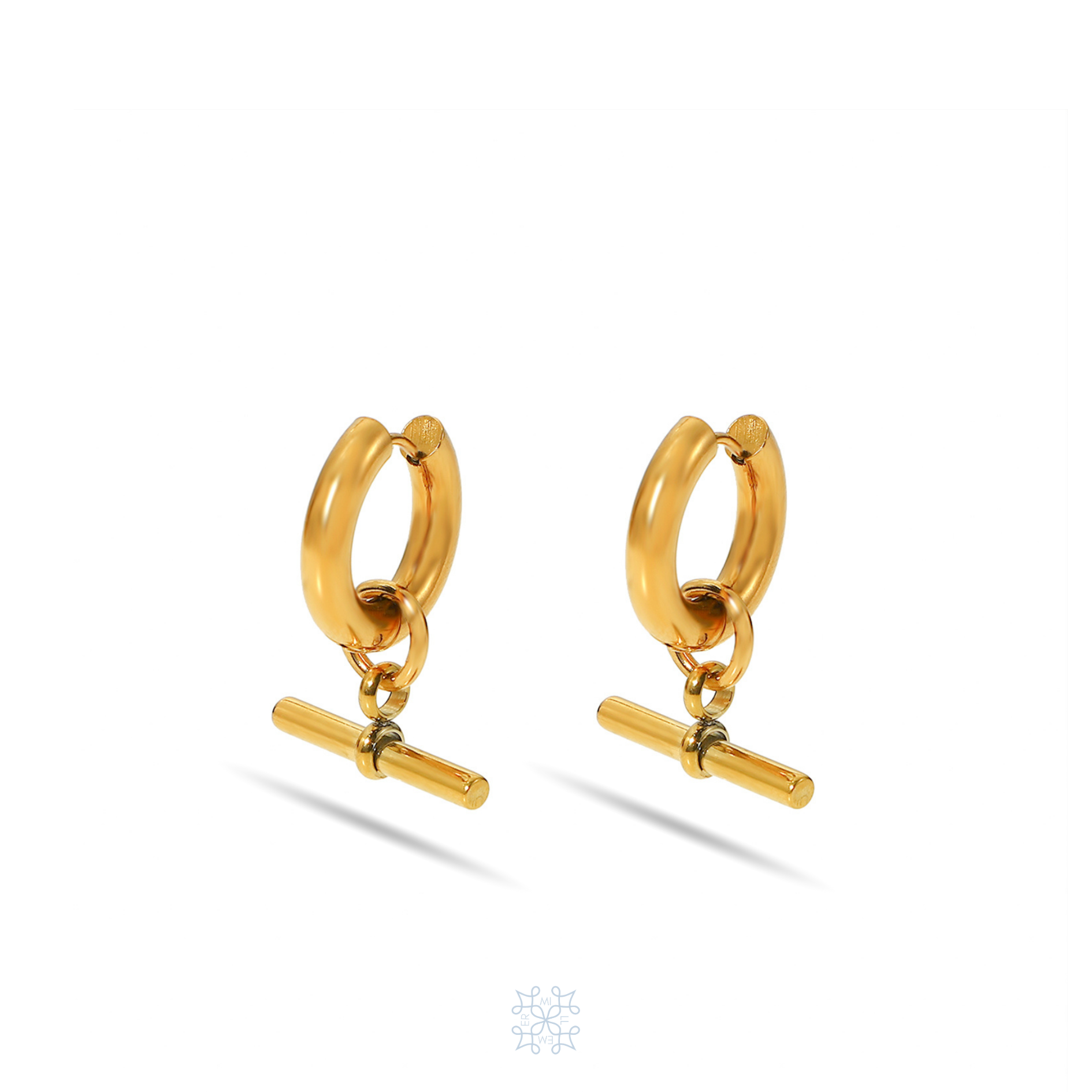 TIBET Gold Hoop Earrings. a T shape forming with an horizontal gold stick attched to the hoop. The metal is detachable from the hoop