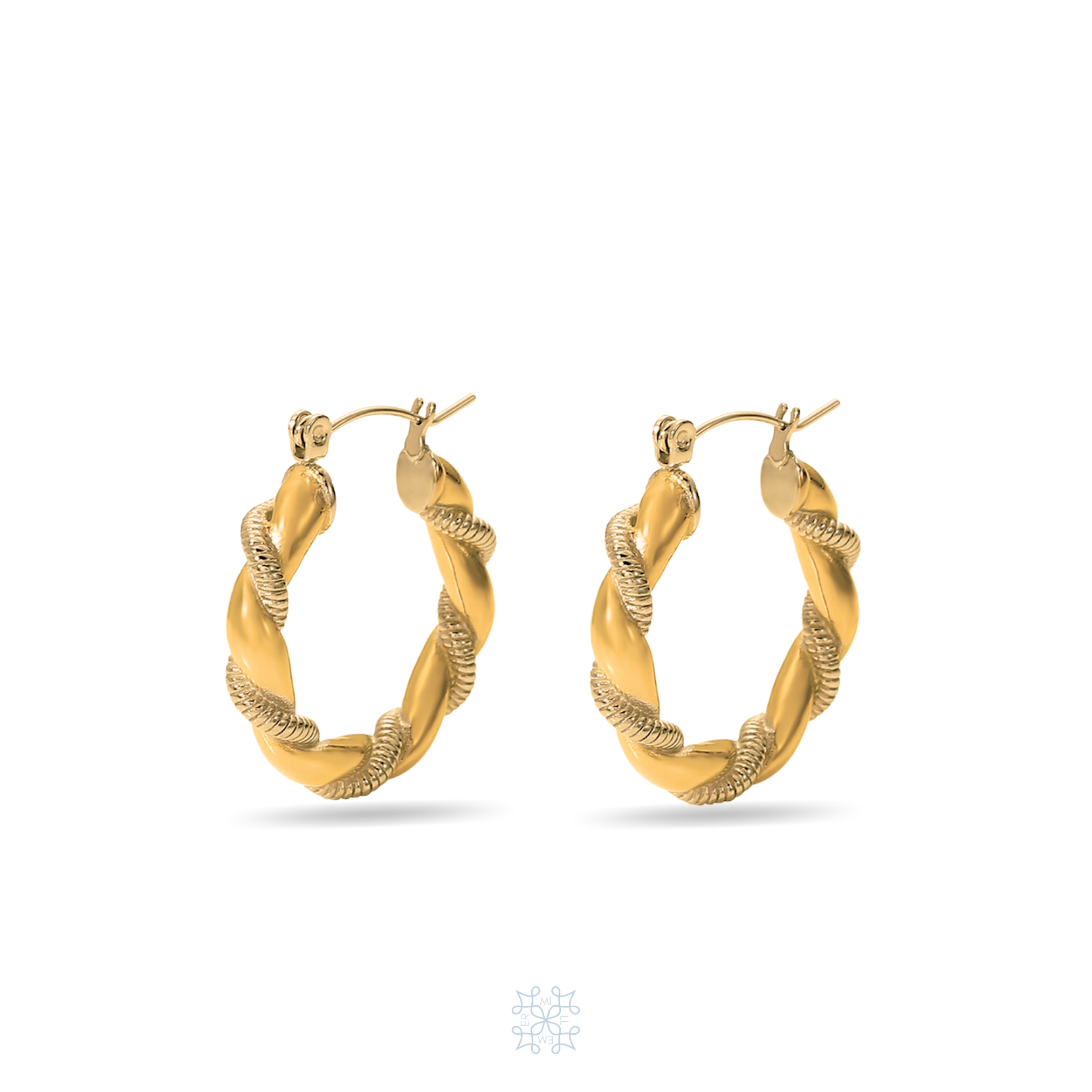 Gold Hoop Earrings with a twisted elegant nail around the hoop.