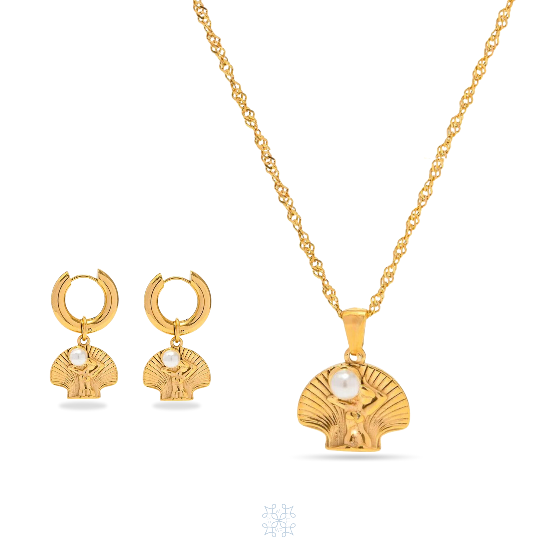 VENUS pearl gold set. Pair of earrings and chain shell pendant necklace. The shell necklace has the silohuete of e woman body holding a white pearl on her shoulders. The earrings have a gold shell drops with the silohuete of a woman engraved holding a white pearl on her shoulders. 