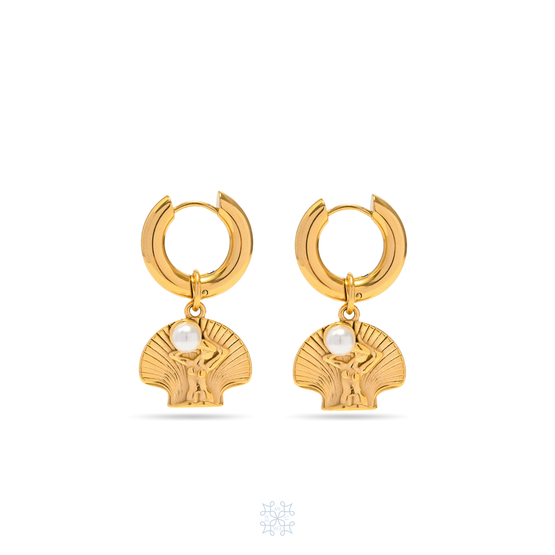 Gold Earrings with Woman body in a shell with a white pearl on her hands pendant. the pendant is droped in gold hoop. the pendant is detachable from the golden hoop. 