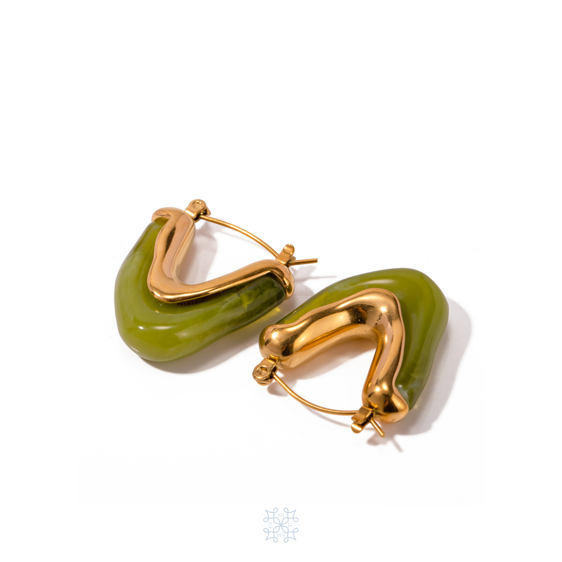 V shape Gold Plated Hoop Earrings made with Green Acrylic. Waterproof Earrings.