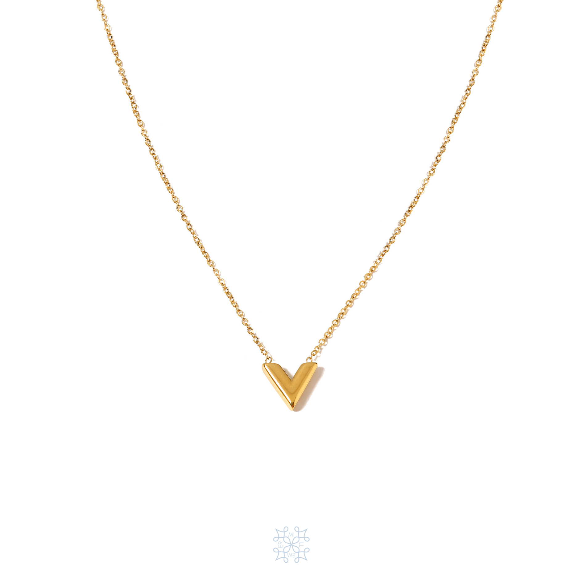 Gold thin chain with leter V in the middle. The chain is attached in each side of the letter V. Victoria Pendant Gold Necklace.