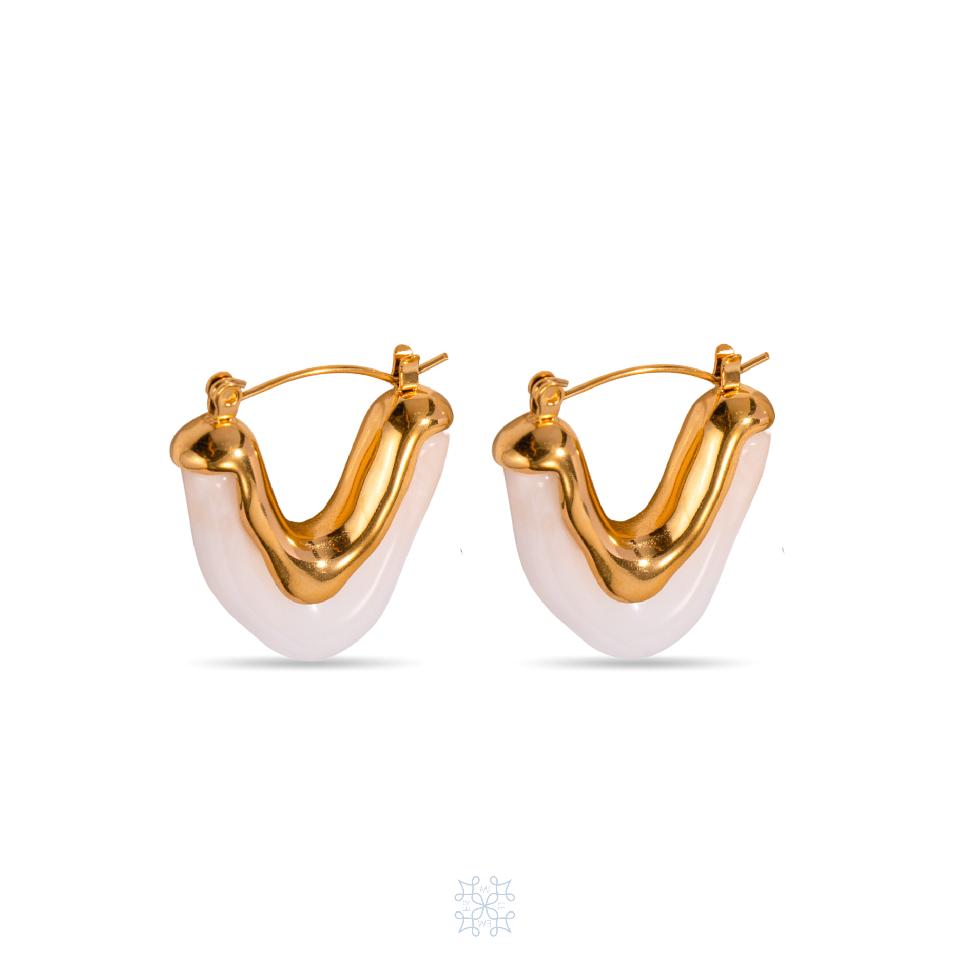 Gold Waterproof Earrings, V shape in gold metalic with white Acrylic. 