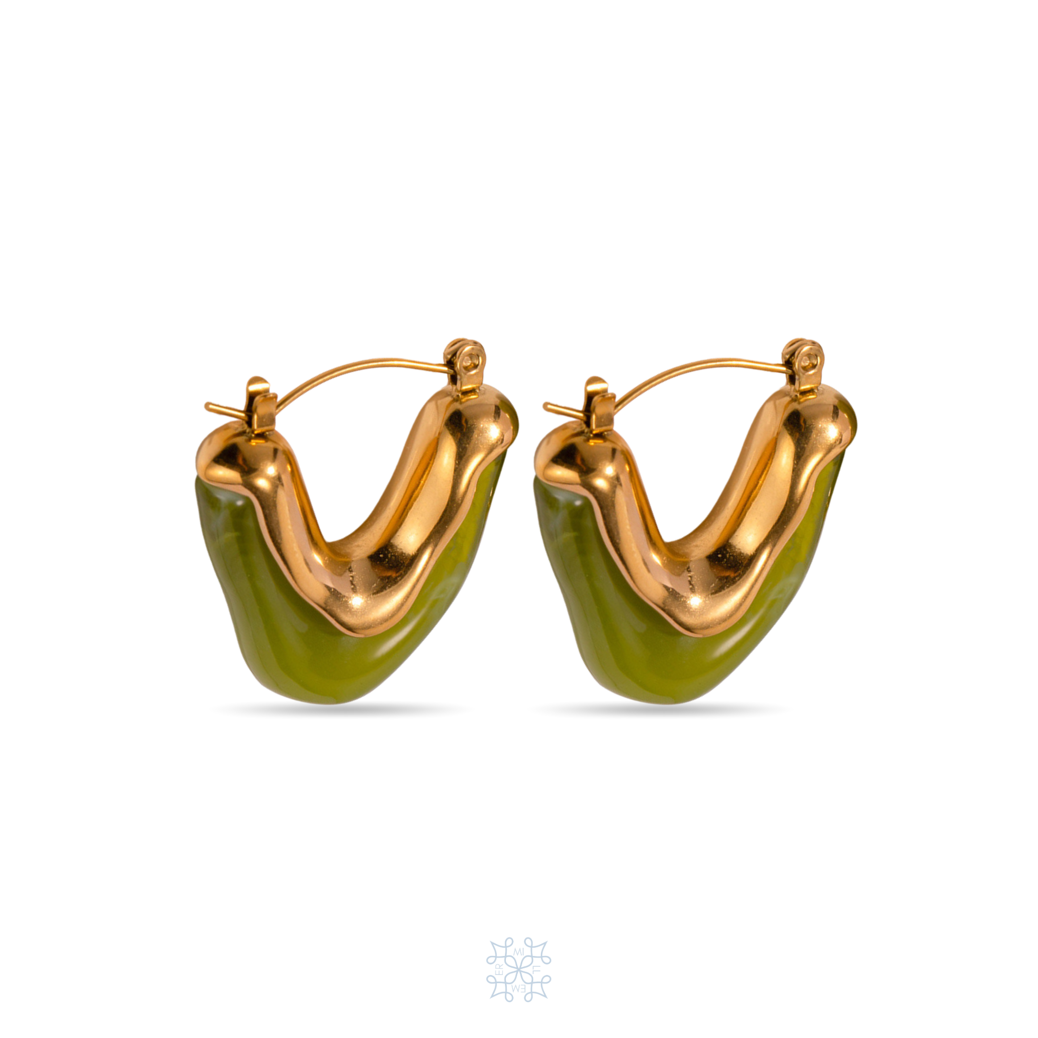 V shape Gold Plated  Hoop Earrings made with Green Acrylic. Waterproof Earrings.