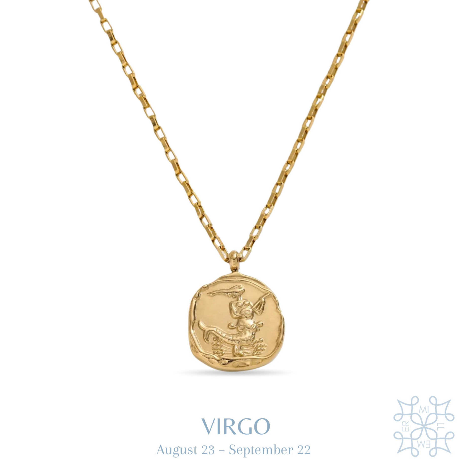 Irregular shape round medallion with Virgo symbol in the middle. Gold plated chain and medallion necklace. Virgo medallion gold necklace.