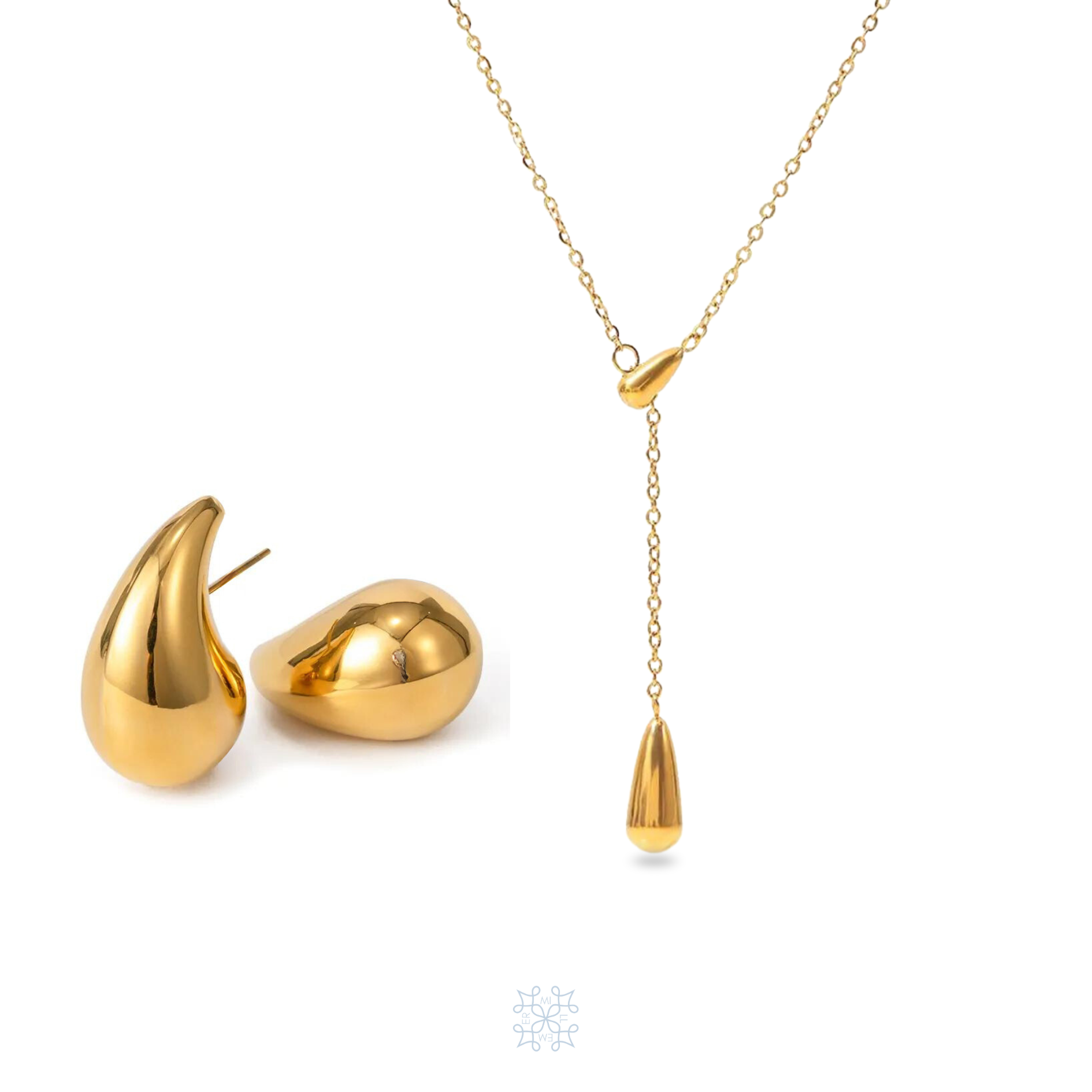 Jewelry set, Gold waterdrop earrings. Gold chain necklace with a gold waterdrop pendant.