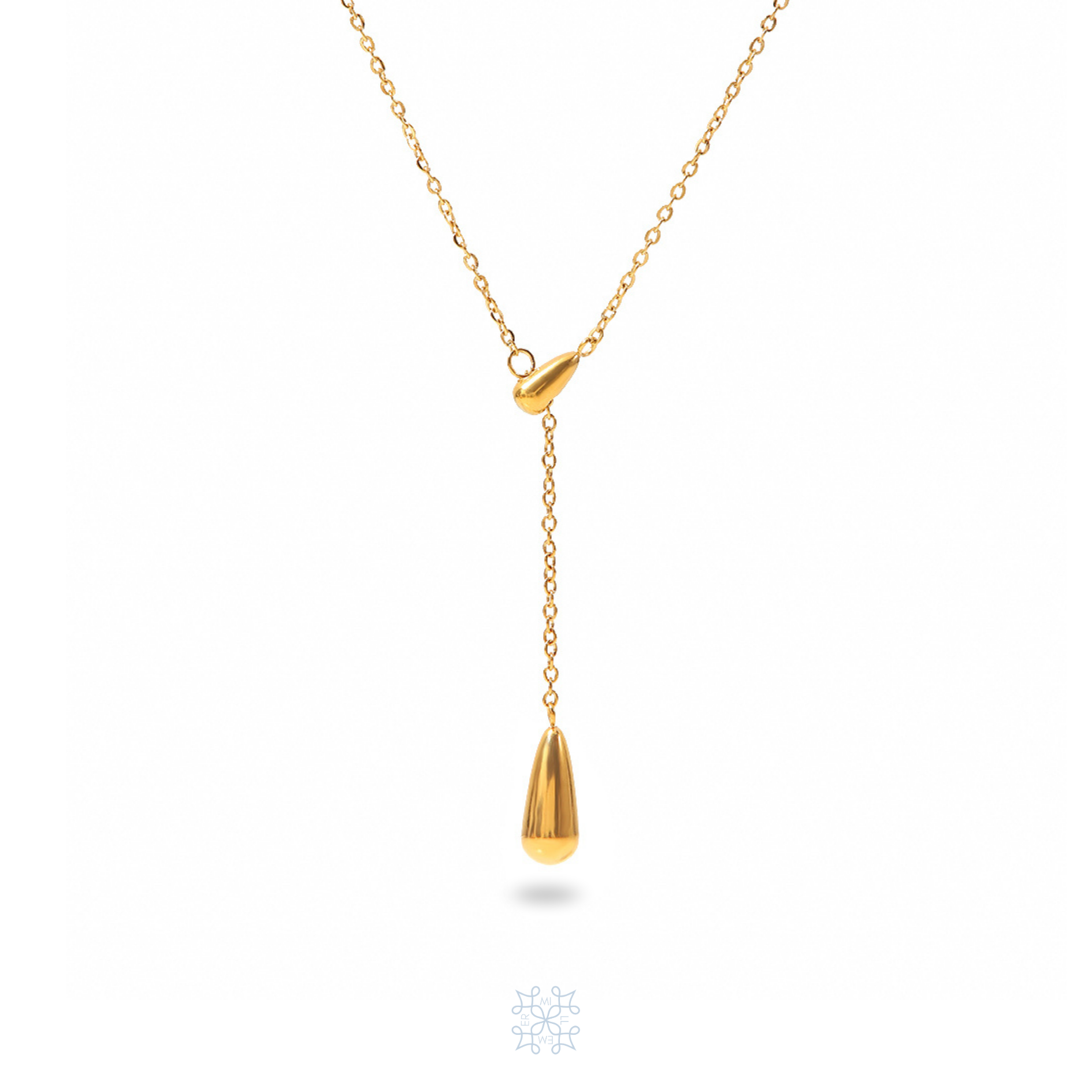 Elegant Slim Gold Chain with a Waterdrop pendant who is movable making the chain like a choker or longer necklace by reducing the drop distance of it. The water drop is attached on a smaller diagonal waterdrop which has a hole in the middle of it where the chain is versatile becoming longer or shorter.
