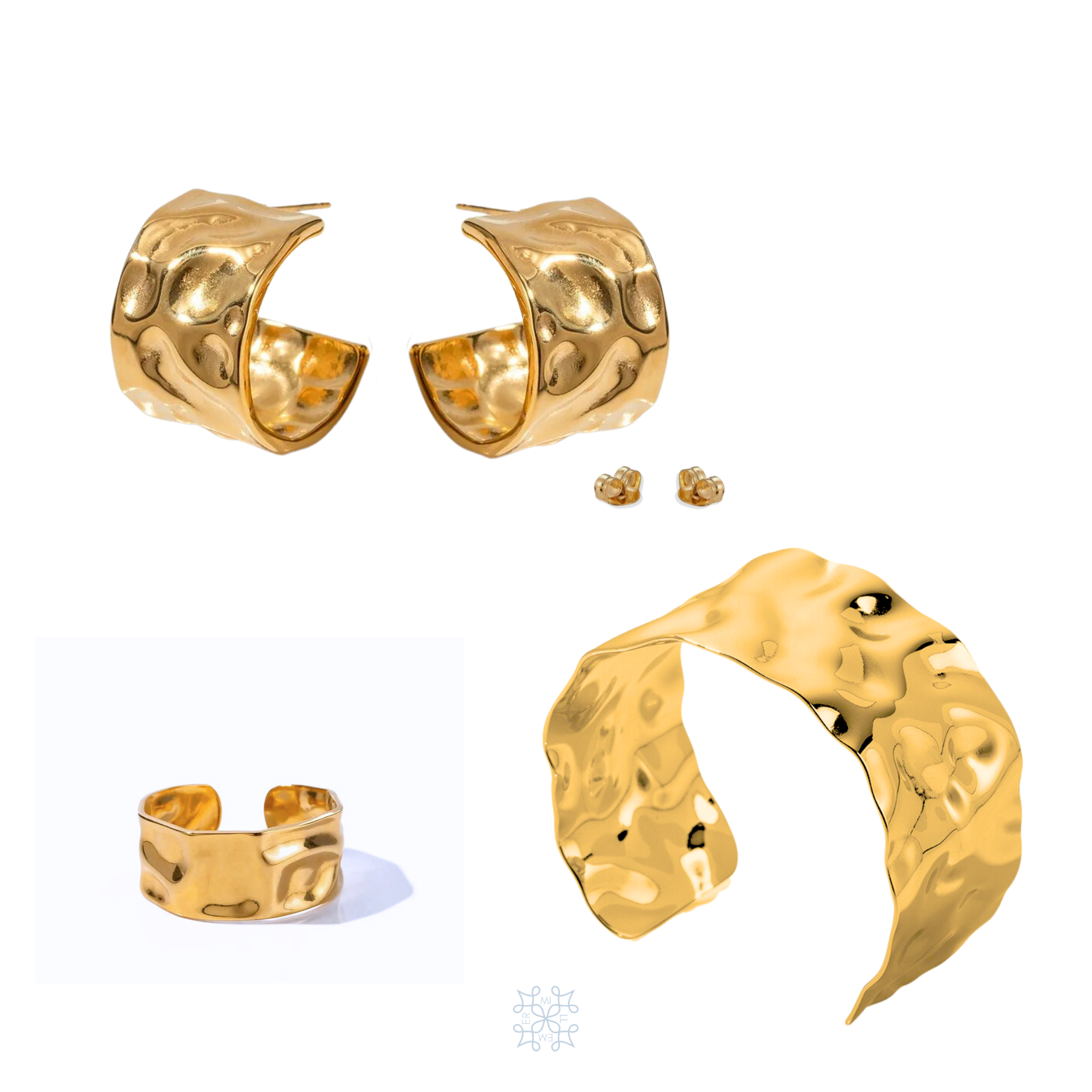 Jewelry set. Gold Hoop Earrings Irregular texture. Gold Ring Irregular textyre shape. Gold cuff bracelet irregulare texture shape. 