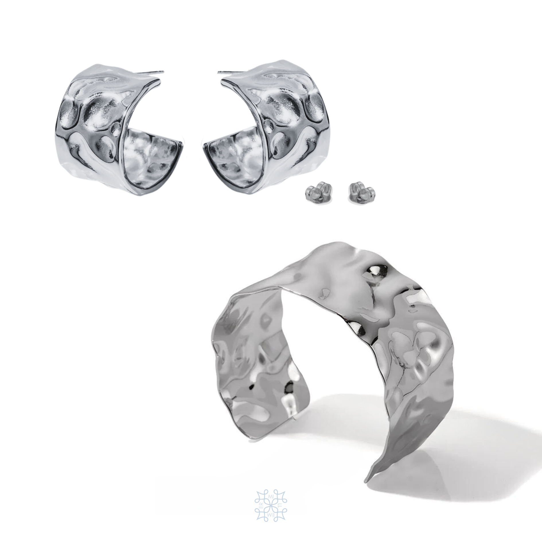 Jewelry set. Silver Hoop Earrings Irregular texture. Silver cuff bracelet irregular texture shape.